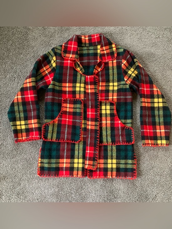 Vintage Jackets & Blazers - Vintage Handmade Wool Blanket Jacket Red Green Yellow Plaid Long Coat